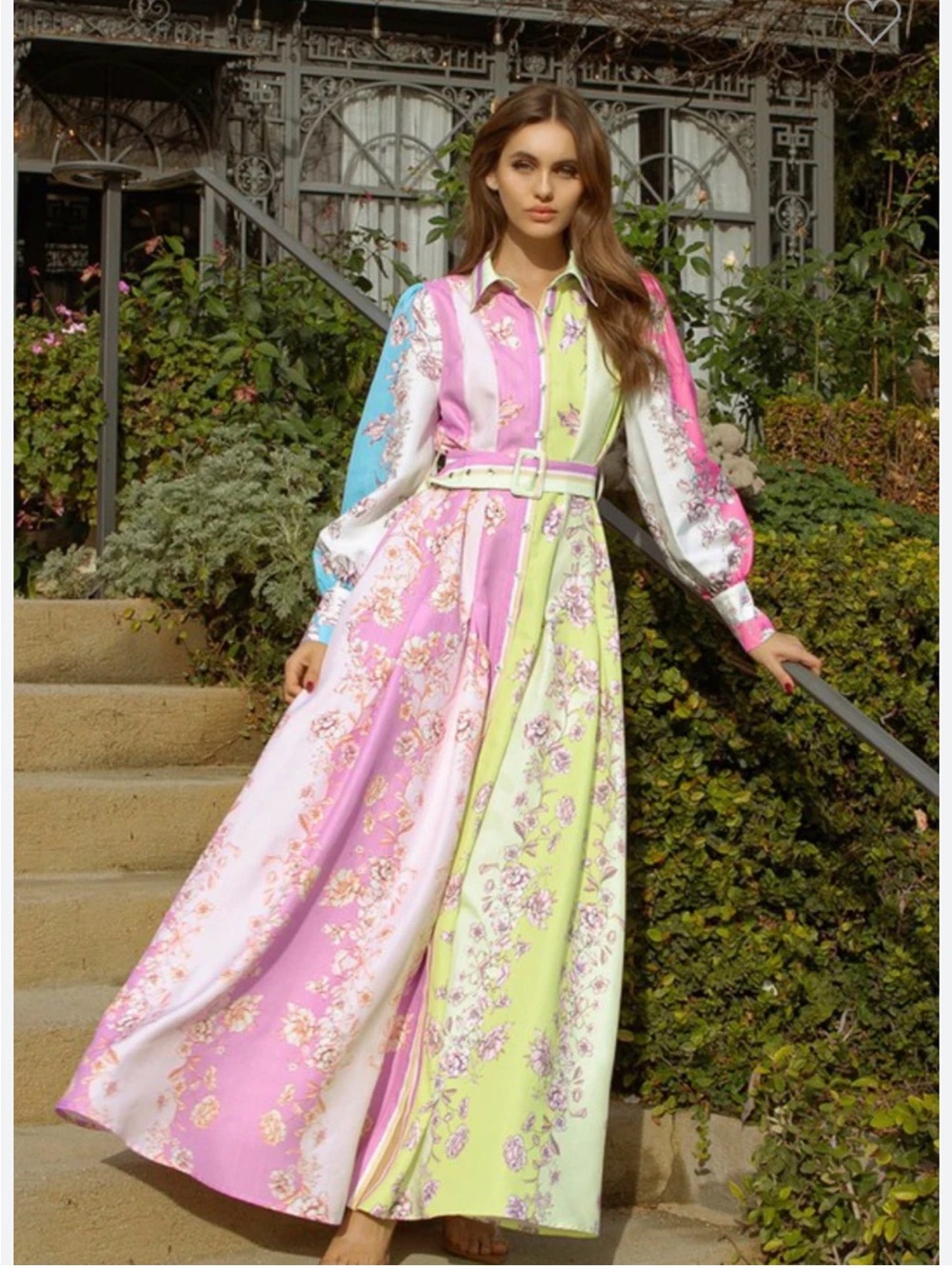 L'ATISTE Pastel Floral Colorblock Maxi Shirt Dress in Pink, Lime & Light Blue